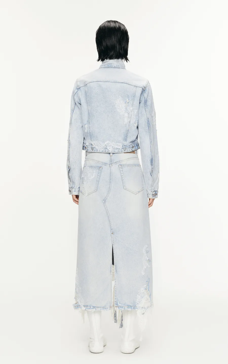 Skirt / JNBY Lace Patchwork Frayed Denim Long Skirt