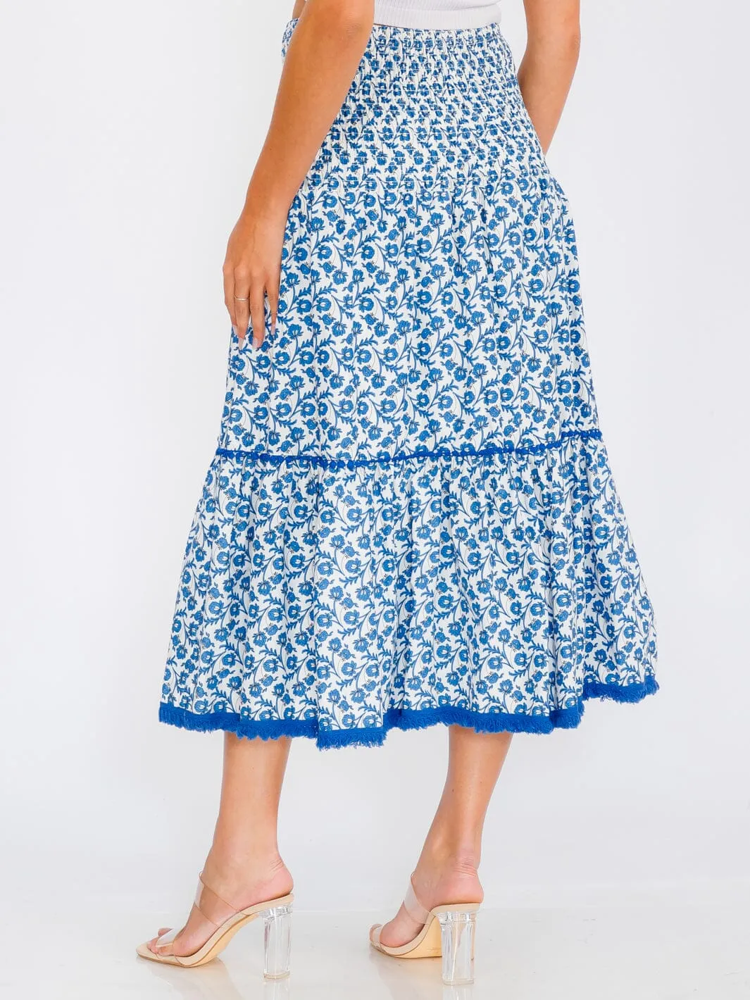 WOMEN'S SMOCK WAIST TIERED FLORAL MAXI SKIRT